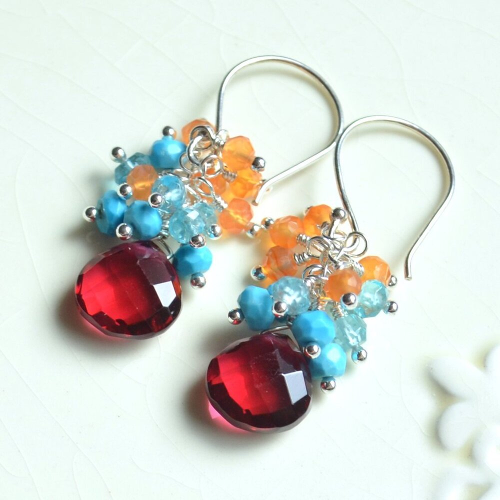 Hot Pink Quartz Earrings with Turquoise and Carnelian - Handmade